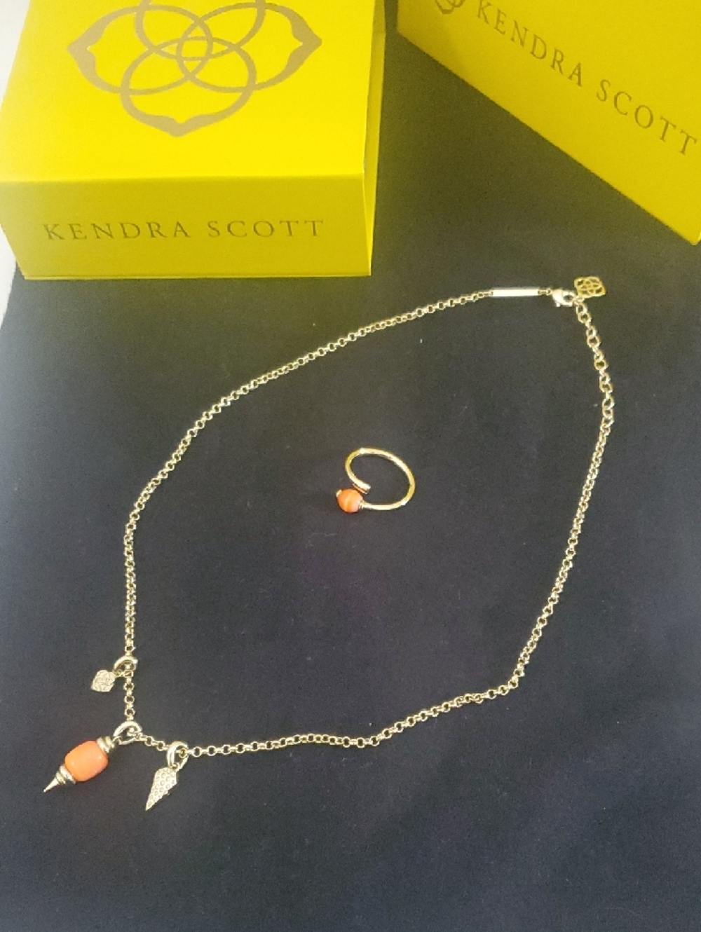 Kendra Scott Gold Necklace/ Free Size  Ring Set ( New. No Tag)